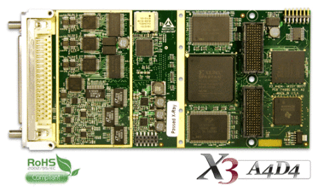 X3-A4D4 board with analogue in and out for servo loop applications with a Spartan3A DSP FPGA.