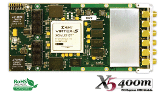 X5-400M Dual 400MSPS 14 bit ADC, dual 500MSPS 16 bit DAC, Xilinx Virtex5 FPGA and x8 lanes PCIe to host.