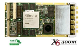 X6-400M 2 channels 400MSPS 14 bit ADS5474 Adc, 2 channels 500MSPS 16 bit DAC, Xilinx Virtex6 FPGA, 4GB DDR memory and x8 lanes PCIe to host.