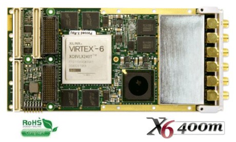 X6-400M 2 channels 400MSPS 14 bit ADS5474 Adc, 2 channels 500MSPS 16 bit DAC, Xilinx Virtex6 FPGA, 4GB DDR memory and x8 lanes PCIe to host.