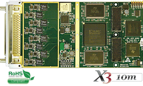 X3-10M Data Acquisition board with 8 channels of 10MSPS 16 bit Adcs, Xilinx Spartan3A DSP FPGA, x1 lane PCIe to host.