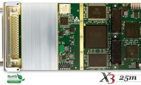 X3-25M 2 channels of 105MSPS 16 bit ADC, 2 channels of 50MSPS 16 bit DAC, Spartan3A DSP FPGA and x4 lanes to host.