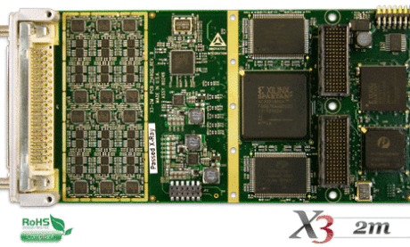 X3-2M Data Acquisition board with 12 channels of 10MSPS 16 bit Adcs, Xilinx Spartan3A DSP FPGA, x4 lane PCIe to host.